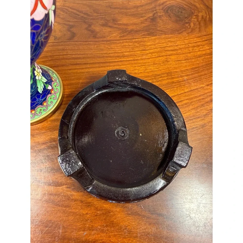 Vintage Cloisonné Vase with Carved Wood Stand